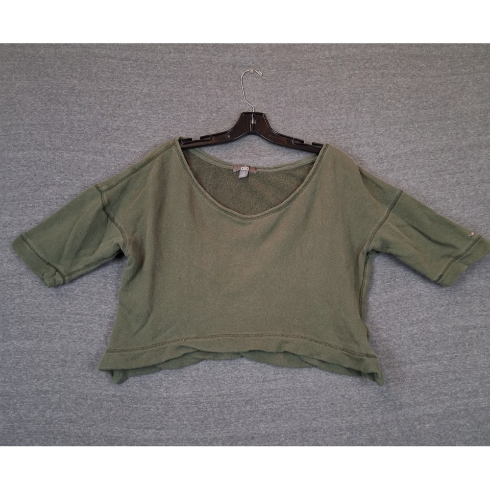 ALO Womens Sweatshirt S Green Terry Fleece Crop Boxy Preppy Casual Athleisure